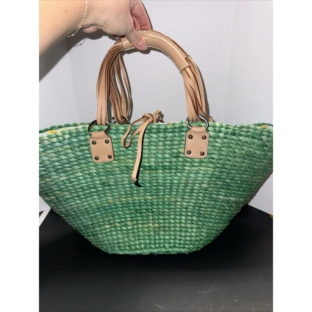 Green Woven Tote Bag with Tan Handles